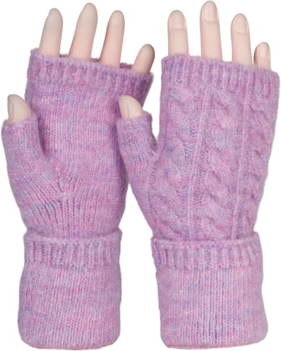 styleBREAKER Damen Fingerlose Handschuhe mit Zopfmuster und dezentem Metallic-Faden, Winter Strickhandschuhe 09010042, Farbe:Flieder von styleBREAKER