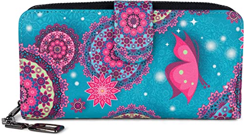 styleBREAKER Damen Geldbörse mit Buntem Blumen Blüten Mandala Muster, Ethno Style, Reißverschluss, Portemonnaie 02040040, Farbe:Blau-Pink-Grün von styleBREAKER