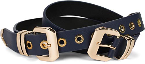 styleBREAKER Damen Gürtel mit doppelter goldener Schnalle und Lochnieten, B-Low Belt, Taillengürtel, kürzbar 03010121, Farbe:Dunkelblau, Größe:100cm von styleBREAKER