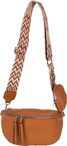 styleBREAKER Damen Halbmond Crossbody Schultertaschen Set 2-Teilig, Schultergurt mit Zick-Zack Rauten Muster 02012396, Farbe:Cognac von styleBREAKER