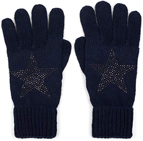 styleBREAKER Damen Handschuhe mit Strass Nieten Stern Applikation und doppeltem Bund, warme Strickhandschuhe 09010008, Farbe:Midnight-Blue/Dunkelblau von styleBREAKER