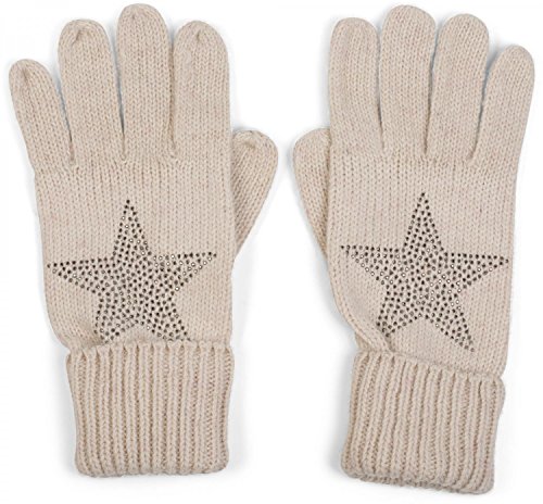 styleBREAKER Damen Handschuhe mit Strass Nieten Stern Applikation und doppeltem Bund, warme Strickhandschuhe 09010008, Farbe:Beige von styleBREAKER