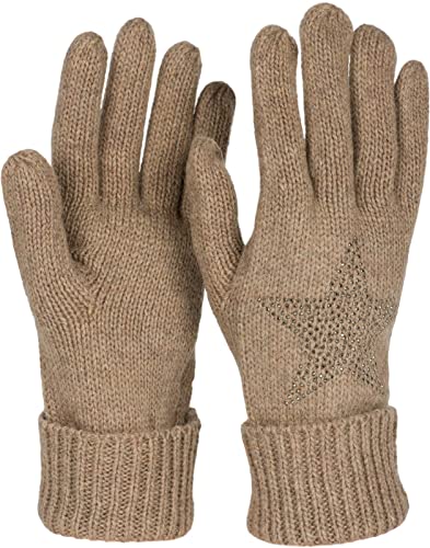 styleBREAKER Damen Handschuhe mit Strass Nieten Stern Applikation und doppeltem Bund, warme Strickhandschuhe 09010008, Farbe:Braun meliert von styleBREAKER