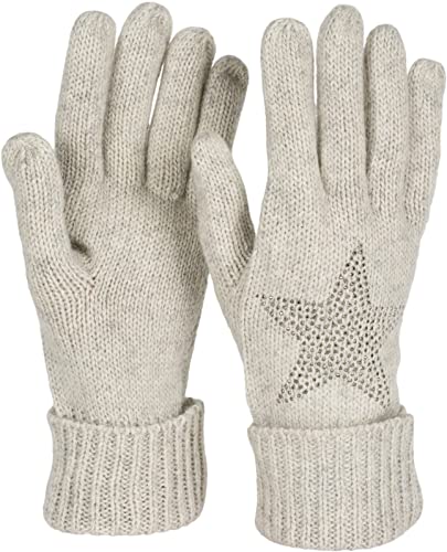 styleBREAKER Damen Handschuhe mit Strass Nieten Stern Applikation und doppeltem Bund, warme Strickhandschuhe 09010008, Farbe:Hellgrau meliert von styleBREAKER