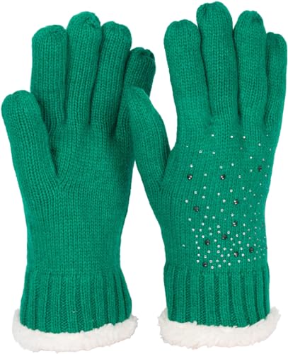 styleBREAKER Damen Handschuhe mit Strass und Fleece, warme Thermo Strickhandschuhe, Fingerhandschuhe, Winter 09010010, Farbe:Grün von styleBREAKER