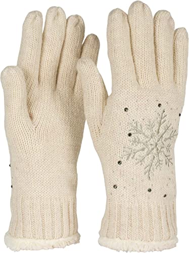 styleBREAKER Damen Handschuhe mit gestickter Schneeflocke, Strass und Fleece, warme Thermo Winter Strickhandschuhe 09010020, Farbe:Beige von styleBREAKER