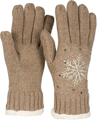 styleBREAKER Damen Handschuhe mit gestickter Schneeflocke, Strass und Fleece, warme Thermo Winter Strickhandschuhe 09010020, Farbe:Braun von styleBREAKER