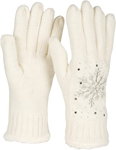 styleBREAKER Damen Handschuhe mit gestickter Schneeflocke, Strass und Fleece, warme Thermo Winter Strickhandschuhe 09010020, Farbe:Creme von styleBREAKER