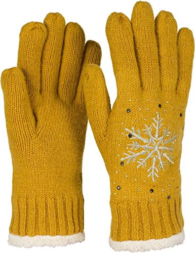 styleBREAKER Damen Handschuhe mit gestickter Schneeflocke, Strass und Fleece, warme Thermo Winter Strickhandschuhe 09010020, Farbe:Curry von styleBREAKER