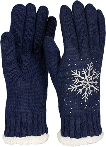 styleBREAKER Damen Handschuhe mit gestickter Schneeflocke, Strass und Fleece, warme Thermo Winter Strickhandschuhe 09010020, Farbe:Dunkelblau von styleBREAKER