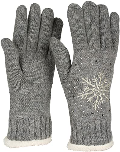 styleBREAKER Damen Handschuhe mit gestickter Schneeflocke, Strass und Fleece, warme Thermo Winter Strickhandschuhe 09010020, Farbe:Grau von styleBREAKER