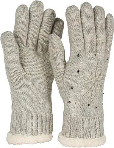 styleBREAKER Damen Handschuhe mit gestickter Schneeflocke, Strass und Fleece, warme Thermo Winter Strickhandschuhe 09010020, Farbe:Hellgrau von styleBREAKER