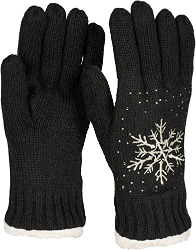 styleBREAKER Damen Handschuhe mit gestickter Schneeflocke, Strass und Fleece, warme Thermo Winter Strickhandschuhe 09010020, Farbe:Schwarz von styleBREAKER