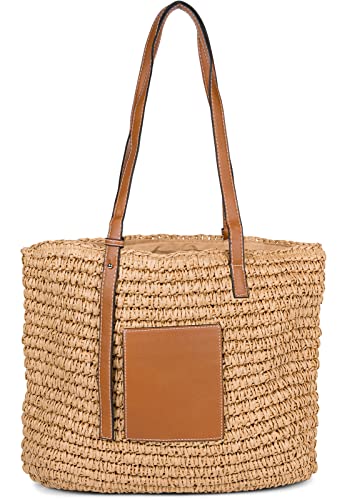 styleBREAKER Damen Korbflecht Schultertasche aus Papierstroh, Strandtasche mit langen Henkeln, Flechttasche, Shopper 02012381, Farbe:Braun von styleBREAKER