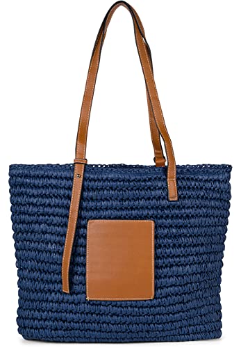 styleBREAKER Damen Korbflecht Schultertasche aus Papierstroh, Strandtasche mit langen Henkeln, Flechttasche, Shopper 02012381, Farbe:Dunkelblau von styleBREAKER