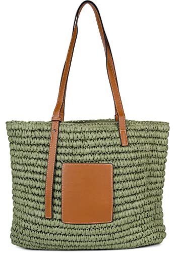 styleBREAKER Damen Korbflecht Schultertasche aus Papierstroh, Strandtasche mit langen Henkeln, Flechttasche, Shopper 02012381, Farbe:Oliv von styleBREAKER