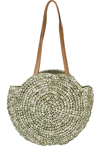 styleBREAKER Damen Korbflecht Schultertasche meliert, Runde Strandtasche lange Henkel, Flechttasche, Shopper 02012384, Farbe:Oliv-Beige von styleBREAKER