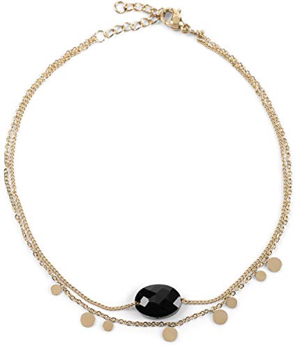 styleBREAKER Damen Layer Fußkettchen mit Plättchen Anhängern und Stein, Gliederkette, Karabinerverschluss, Kette, Schmuck 05080012, Farbe:Gold/Schwarz von styleBREAKER