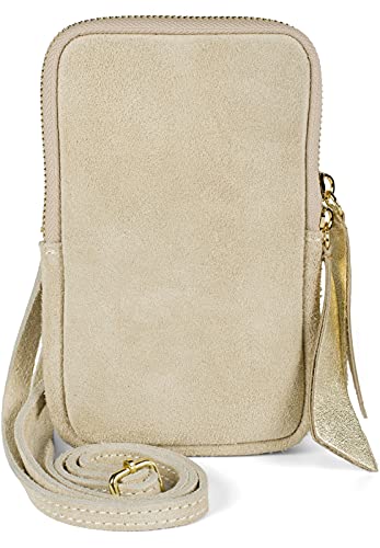 styleBREAKER Damen Leder Handy Umhängetasche aus weichem Veloursleder, Reißverschluss, Echtleder Mini Bag 02012373, Farbe:Creme von styleBREAKER