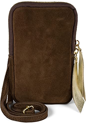 styleBREAKER Damen Leder Handy Umhängetasche aus weichem Veloursleder, Reißverschluss, Echtleder Mini Bag 02012373, Farbe:Dunkelbraun von styleBREAKER