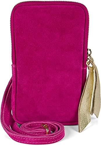 styleBREAKER Damen Leder Handy Umhängetasche aus weichem Veloursleder, Reißverschluss, Echtleder Mini Bag 02012373, Farbe:Fuchsia von styleBREAKER