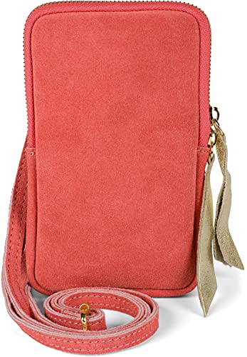 styleBREAKER Damen Leder Handy Umhängetasche aus weichem Veloursleder, Reißverschluss, Echtleder Mini Bag 02012373, Farbe:Koralle von styleBREAKER