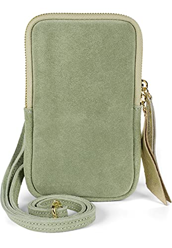 styleBREAKER Damen Leder Handy Umhängetasche aus weichem Veloursleder, Reißverschluss, Echtleder Mini Bag 02012373, Farbe:Lindgrün von styleBREAKER