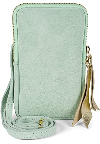 styleBREAKER Damen Leder Handy Umhängetasche aus weichem Veloursleder, Reißverschluss, Echtleder Mini Bag 02012373, Farbe:Mint von styleBREAKER