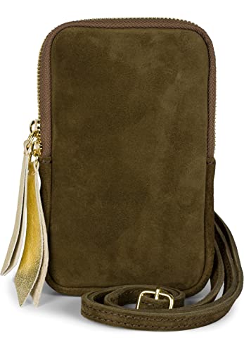 styleBREAKER Damen Leder Handy Umhängetasche aus weichem Veloursleder, Reißverschluss, Echtleder Mini Bag 02012373, Farbe:Oliv von styleBREAKER