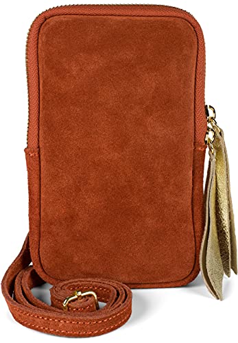 styleBREAKER Damen Leder Handy Umhängetasche aus weichem Veloursleder, Reißverschluss, Echtleder Mini Bag 02012373, Farbe:Rost von styleBREAKER