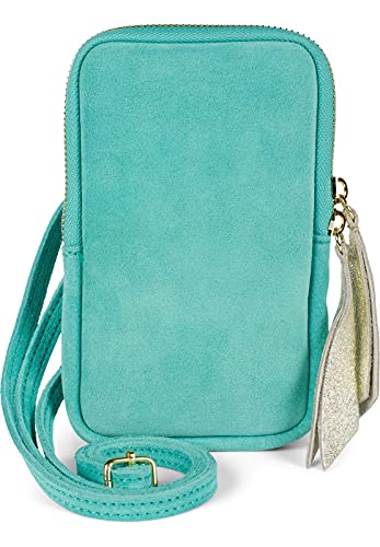 styleBREAKER Damen Leder Handy Umhängetasche aus weichem Veloursleder, Reißverschluss, Echtleder Mini Bag 02012373, Farbe:Türkis von styleBREAKER