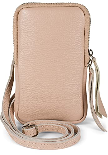 styleBREAKER Damen Leder Handy Umhängetasche mit genarbter Oberfläche, Reißverschluss, Echtleder Mini Bag 02012374, Farbe:Altrose von styleBREAKER