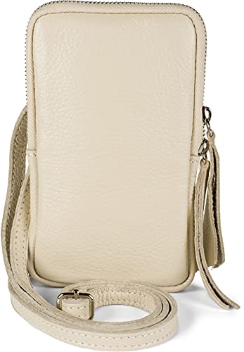 styleBREAKER Damen Leder Handy Umhängetasche mit genarbter Oberfläche, Reißverschluss, Echtleder Mini Bag 02012374, Farbe:Creme von styleBREAKER