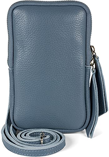 styleBREAKER Damen Leder Handy Umhängetasche mit genarbter Oberfläche, Reißverschluss, Echtleder Mini Bag 02012374, Farbe:Dunkelblau von styleBREAKER