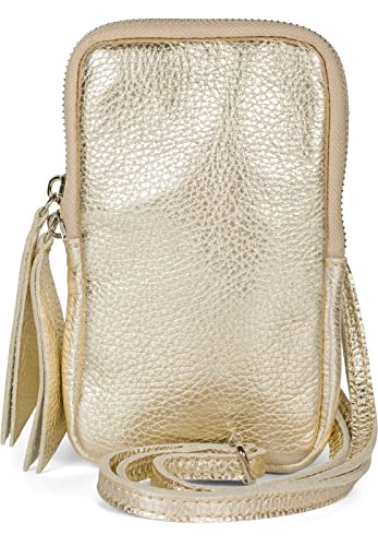 styleBREAKER Damen Leder Handy Umhängetasche mit genarbter Oberfläche, Reißverschluss, Echtleder Mini Bag 02012374, Farbe:Gold von styleBREAKER