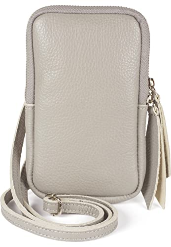 styleBREAKER Damen Leder Handy Umhängetasche mit genarbter Oberfläche, Reißverschluss, Echtleder Mini Bag 02012374, Farbe:Grau von styleBREAKER