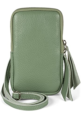 styleBREAKER Damen Leder Handy Umhängetasche mit genarbter Oberfläche, Reißverschluss, Echtleder Mini Bag 02012374, Farbe:Moosgrün von styleBREAKER