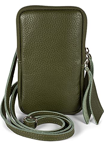 styleBREAKER Damen Leder Handy Umhängetasche mit genarbter Oberfläche, Reißverschluss, Echtleder Mini Bag 02012374, Farbe:Oliv von styleBREAKER