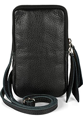 styleBREAKER Damen Leder Handy Umhängetasche mit genarbter Oberfläche, Reißverschluss, Echtleder Mini Bag 02012374, Farbe:Schwarz von styleBREAKER