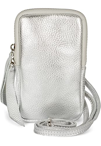 styleBREAKER Damen Leder Handy Umhängetasche mit genarbter Oberfläche, Reißverschluss, Echtleder Mini Bag 02012374, Farbe:Silber von styleBREAKER