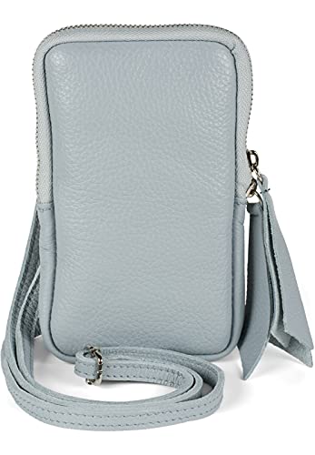 styleBREAKER Damen Leder Handy Umhängetasche mit genarbter Oberfläche, Reißverschluss, Echtleder Mini Bag 02012374, Farbe:Taubenblau von styleBREAKER