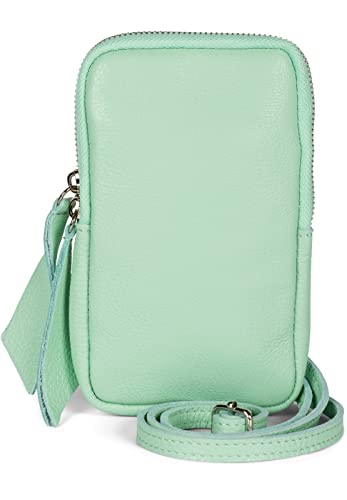 styleBREAKER Damen Leder Handy Umhängetasche mit genarbter Oberfläche, Reißverschluss, Echtleder Mini Bag 02012374, Farbe:Türkis von styleBREAKER