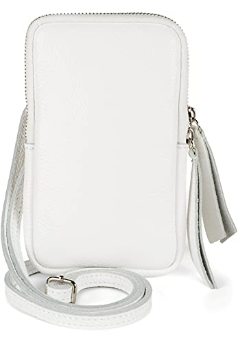 styleBREAKER Damen Leder Handy Umhängetasche mit genarbter Oberfläche, Reißverschluss, Echtleder Mini Bag 02012374, Farbe:Weiß von styleBREAKER