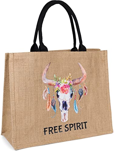 styleBREAKER Damen Leinen Henkeltasche mit Boho Style Stier Print, Baumwoll-Tragegriffen, Strandtasche, Einkaufstasche 02012391, Farbe:Braun von styleBREAKER