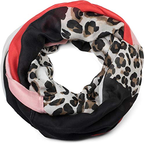 styleBREAKER Damen Loop Schal mit Leoparden Animal Print Muster und Color Blocking Farbflächen, Schlauchschal, Tuch 01016182, Farbe:Rot-Rosa von styleBREAKER