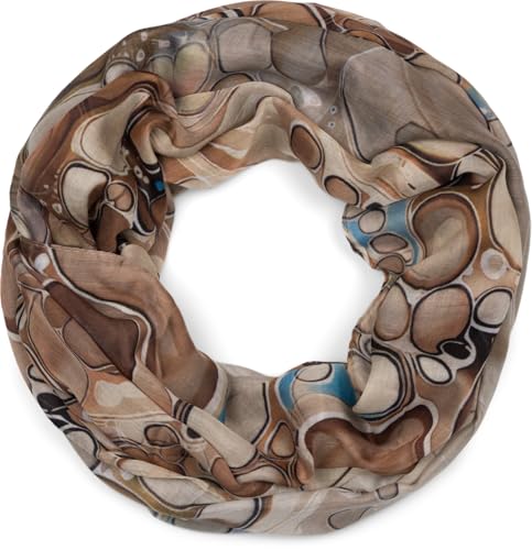 styleBREAKER Damen Loop Schal mit buntem Acrylic Pouring Muster, edler Cosmic Flow Schlauchschal mehrfarbig 01017159, Farbe:Braun-Beige von styleBREAKER