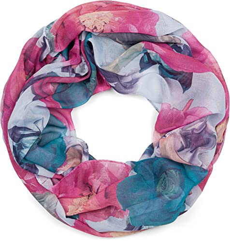 styleBREAKER Damen Loop Schal mit buntem Blumen Muster, leichter sommerlicher Schlauchschal mehrfarbig 01016217, Farbe:Hellblau-Rosa-Petrol von styleBREAKER