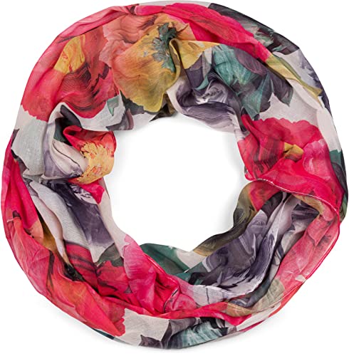 styleBREAKER Damen Loop Schal mit buntem Blumen Muster, leichter sommerlicher Schlauchschal mehrfarbig 01016217, Farbe:Rot-Grün von styleBREAKER