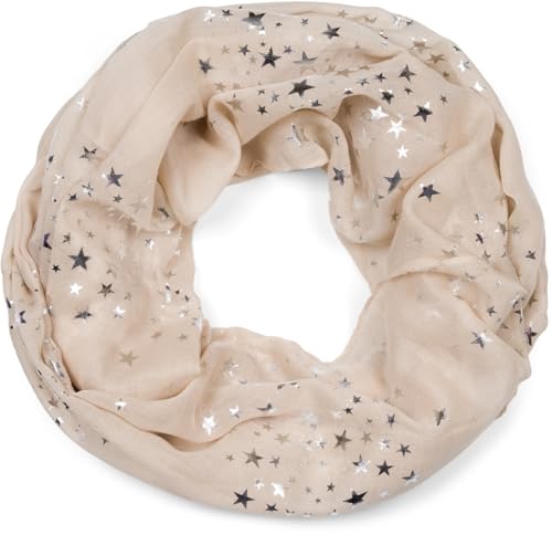 styleBREAKER Damen Loop Schal mit glitzerndem Metallic Sterne All Over Print Muster, Leichter Schlauchschal Einfarbig, Tuch 01016118, Farbe:Beige von styleBREAKER