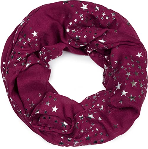 styleBREAKER Damen Loop Schal mit glitzerndem Metallic Sterne All Over Print Muster, Leichter Schlauchschal Einfarbig, Tuch 01016118, Farbe:Bordeaux-Rot von styleBREAKER